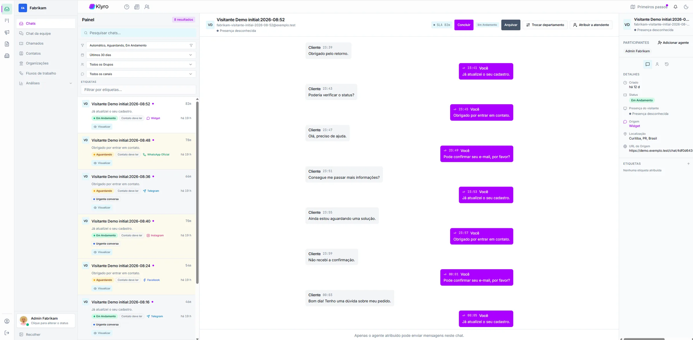 Inbox workspace with conversation list, open thread and contact details