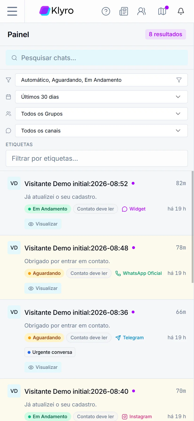 Mobile inbox panel with filters and conversation list